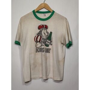 Vintage Hanes Little Kings Cream Ale King Me Promo Ringer T-Shirt White Green L